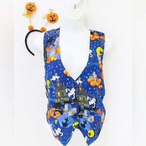 Vintage Halloween Print Button-Up Vest & Pumpkin Headband Set – Festive Costume